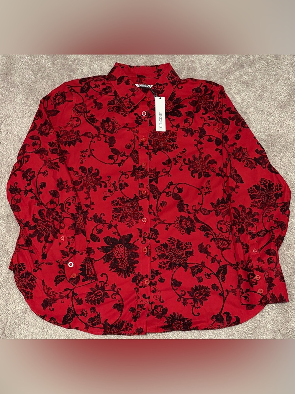 Chicos Womens No Iron Red & Black Floral Demask Long Sleeve Blouse Sz 2 (12) NWT